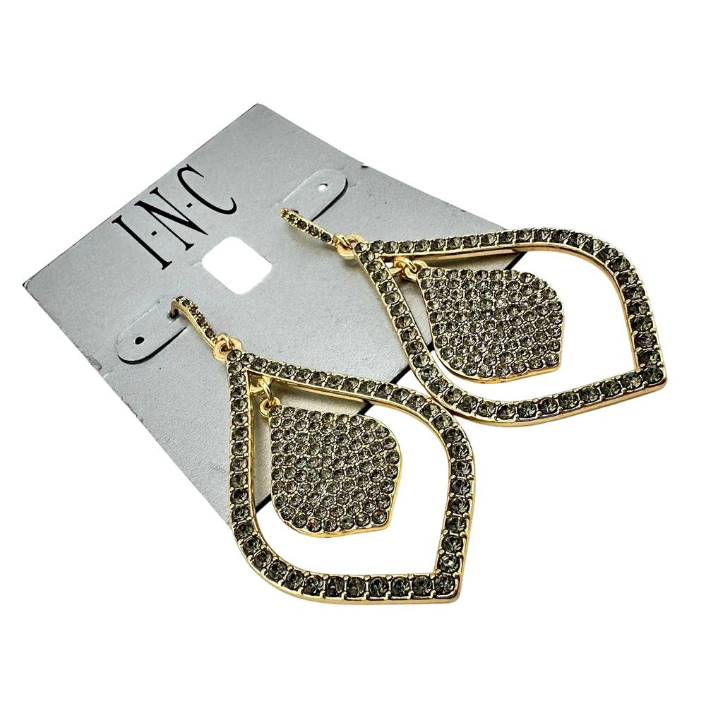 INC NWT Gray Crystal Rhinestone Glam Double Teardrop Gold Tone 2.75" Earrings